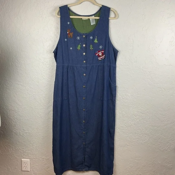 Bobbie Brooks Denim Sleeveless Button Down Sundress Romper Christmas Sz XL - Picture 2 of 8